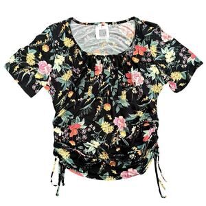 Blue Leopard Ruched Fitted Floral Blouse in Black, Size 3X​​​​